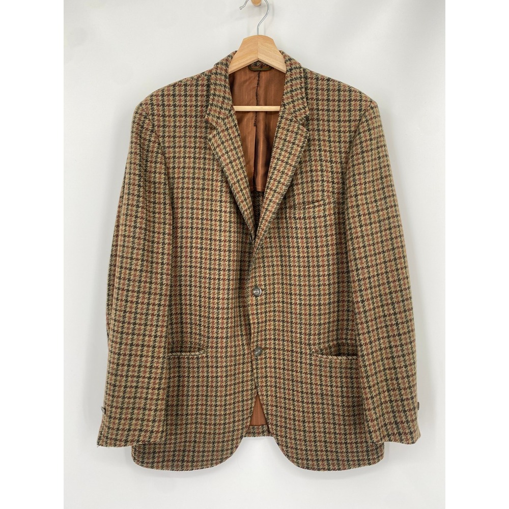 Vintage Sport Coat Mens Brown Houndstooth Plaid Wool Blazer